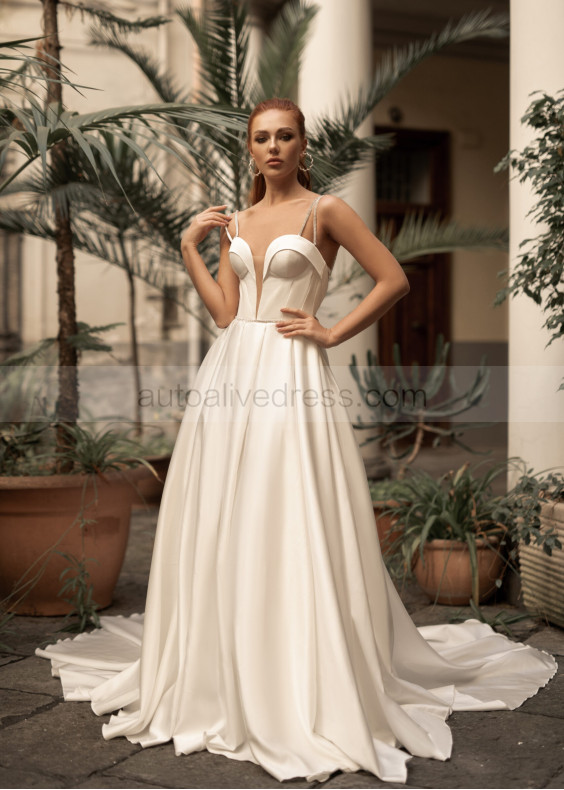 Beaded Straps Ivory Satin Wedding Dress With Pockets Beaded Straps Ivory Satin Wedding Dress With Pockets
